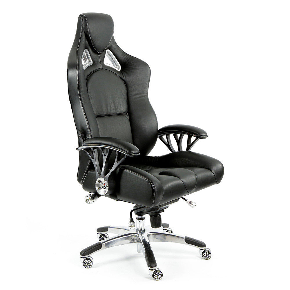 ProMech Racing Speed-998 Office Racing Chair Upholstered in Onyx Black Full Italian Leather Bucket Seat E-Sports