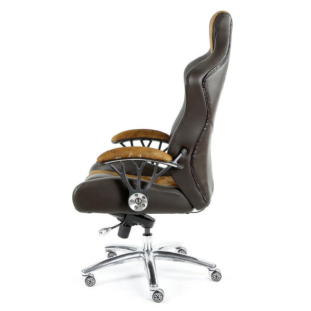 ProMech Racing Speed-998 Office Racing Chair Brown Cowhide Upholstered Calf Skin Leather Statement Piece 