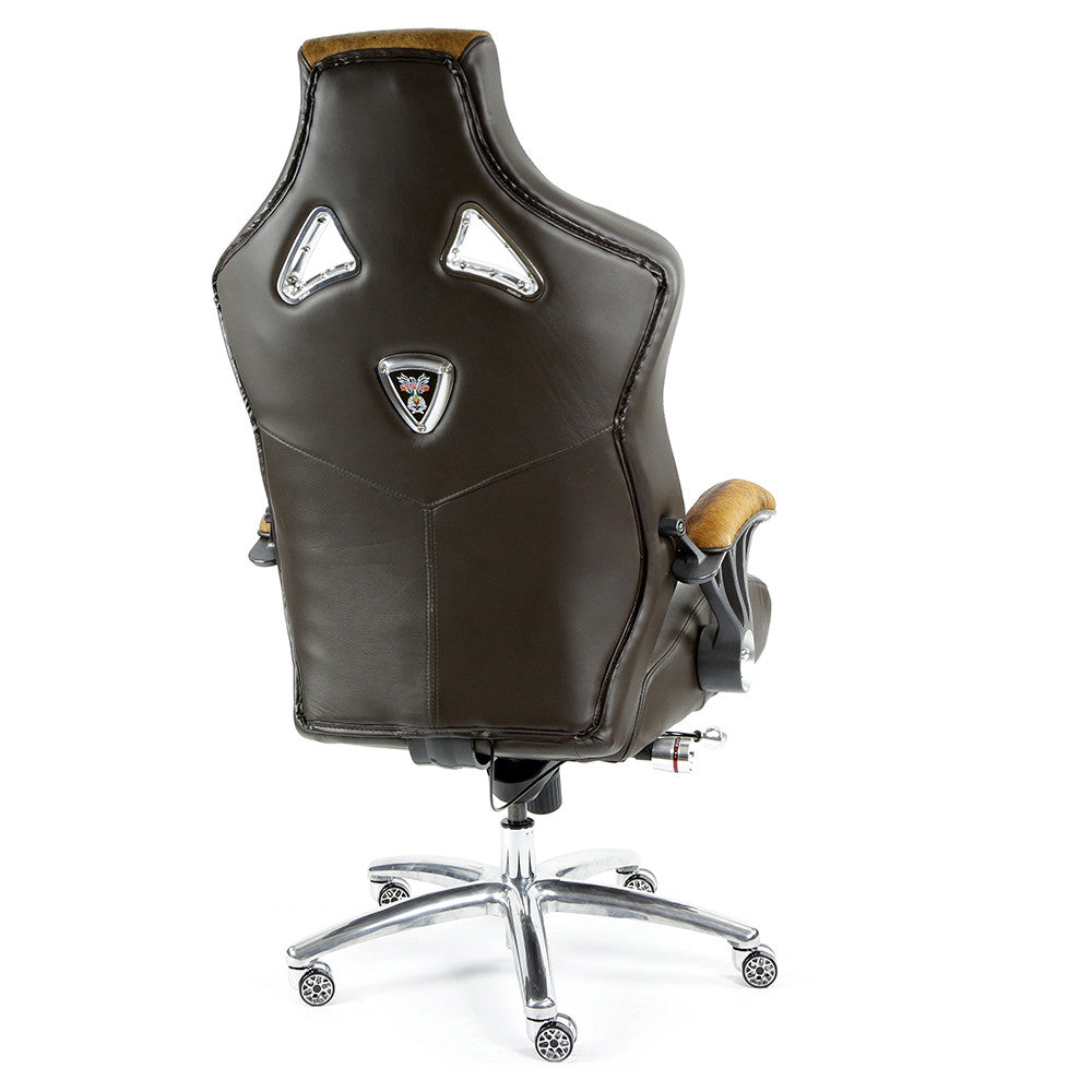 ProMech Racing Speed-998 Office Racing Chair Brown Cowhide Upholstered Calf Skin Leather Statement Piece 