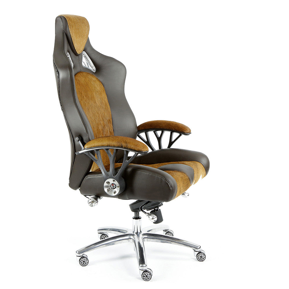 ProMech Racing Speed-998 Office Racing Chair Brown Cowhide Upholstered Calf Skin Leather Statement Piece 