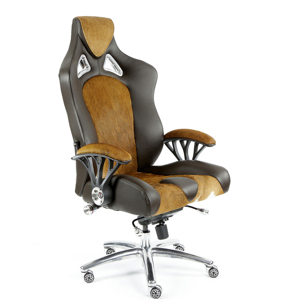 ProMech Racing Speed-998 Office Racing Chair Brown Cowhide Upholstered Calf Skin Leather Statement Piece 