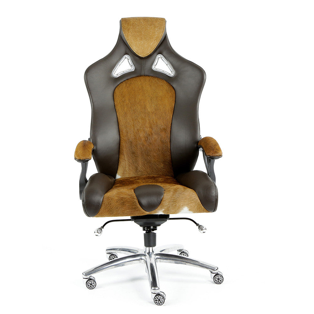 ProMech Racing Speed-998 Office Racing Chair Brown Cowhide Upholstered Calf Skin Leather Statement Piece 