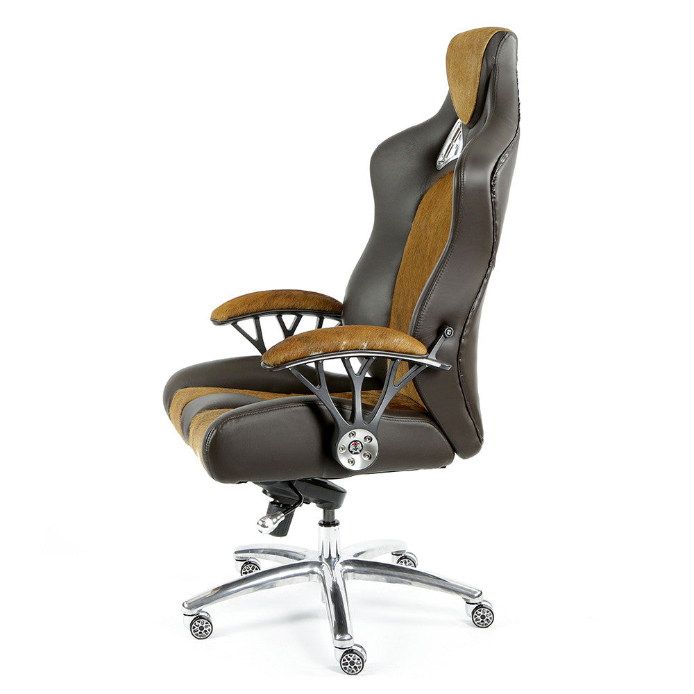 ProMech Racing Speed-998 Office Racing Chair Brown Cowhide Upholstered Calf Skin Leather Statement Piece 